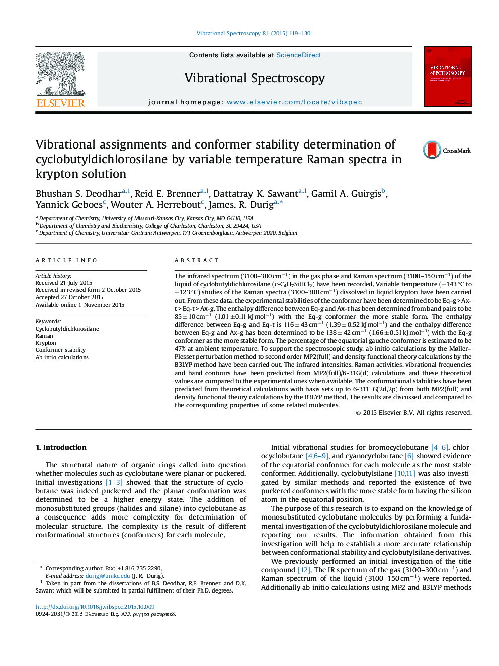 Vibrational assignments and conformer stability determination of cyclobutyldichlorosilane by variable temperature Raman spectra in krypton solution