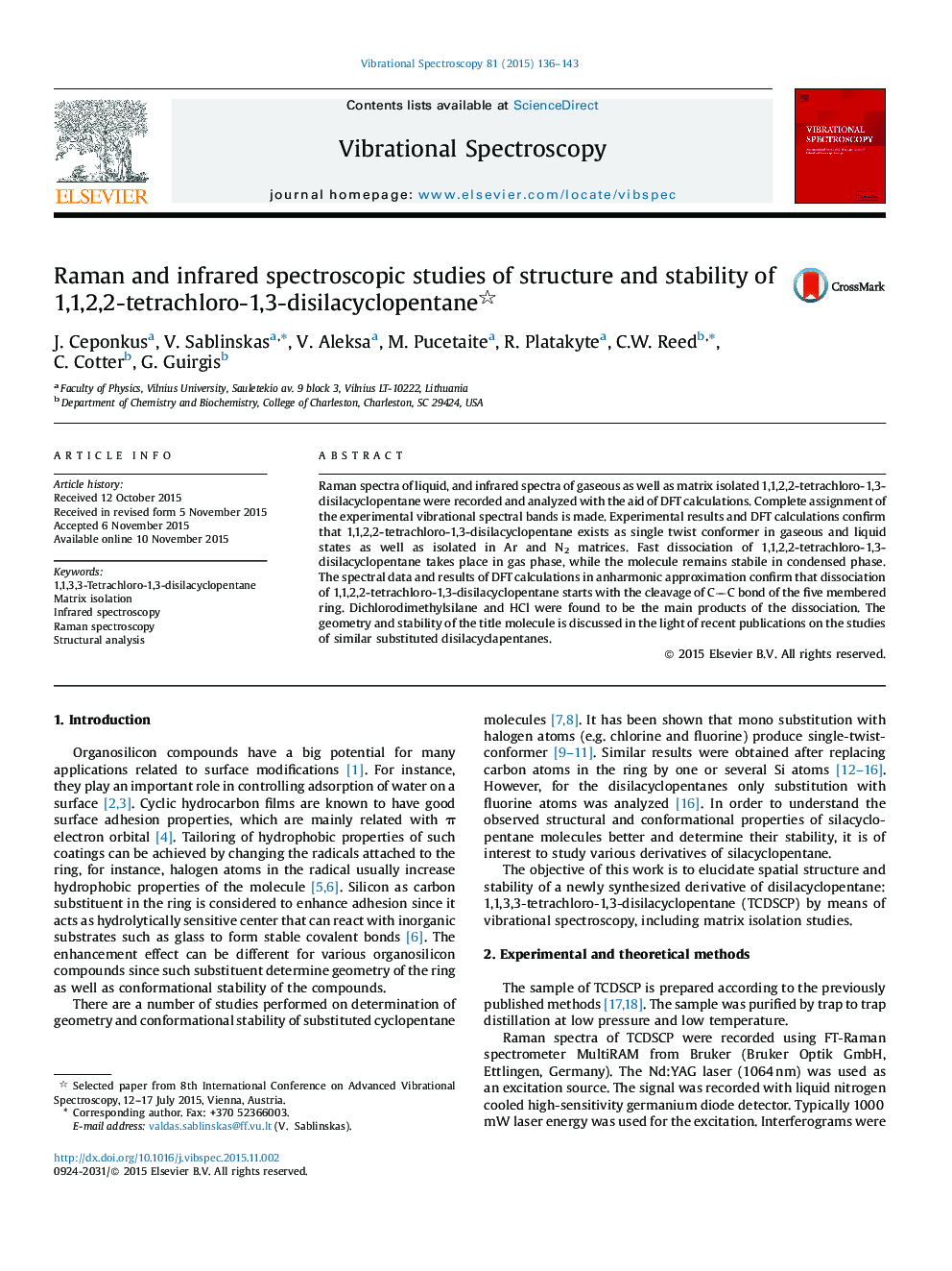 Raman and infrared spectroscopic studies of structure and stability of 1,1,2,2-tetrachloro-1,3-disilacyclopentane 