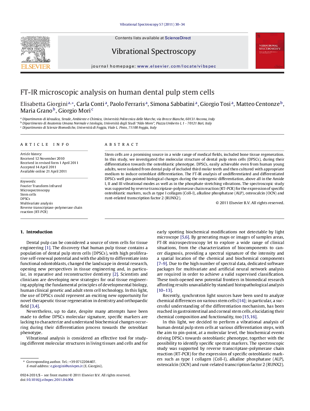 FT-IR microscopic analysis on human dental pulp stem cells