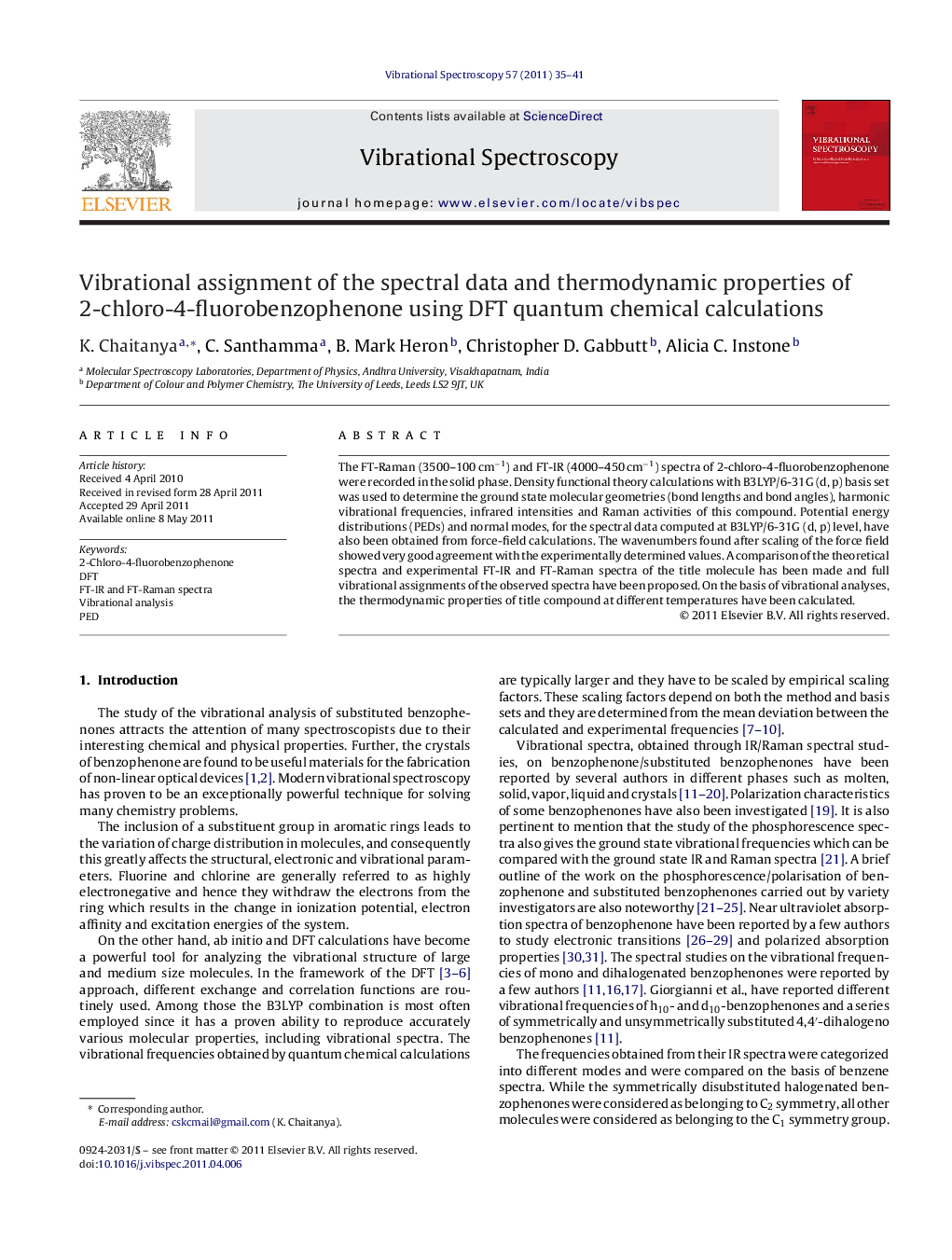 Vibrational assignment of the spectral data and thermodynamic properties of 2-chloro-4-fluorobenzophenone using DFT quantum chemical calculations