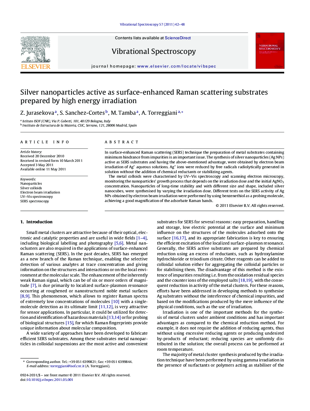 Silver nanoparticles active as surface-enhanced Raman scattering substrates prepared by high energy irradiation