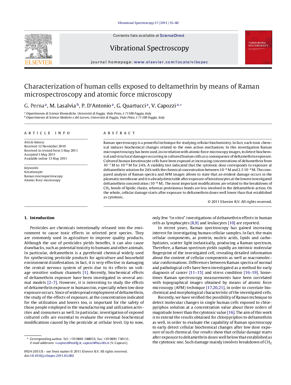 Characterization of human cells exposed to deltamethrin by means of Raman microspectroscopy and atomic force microscopy