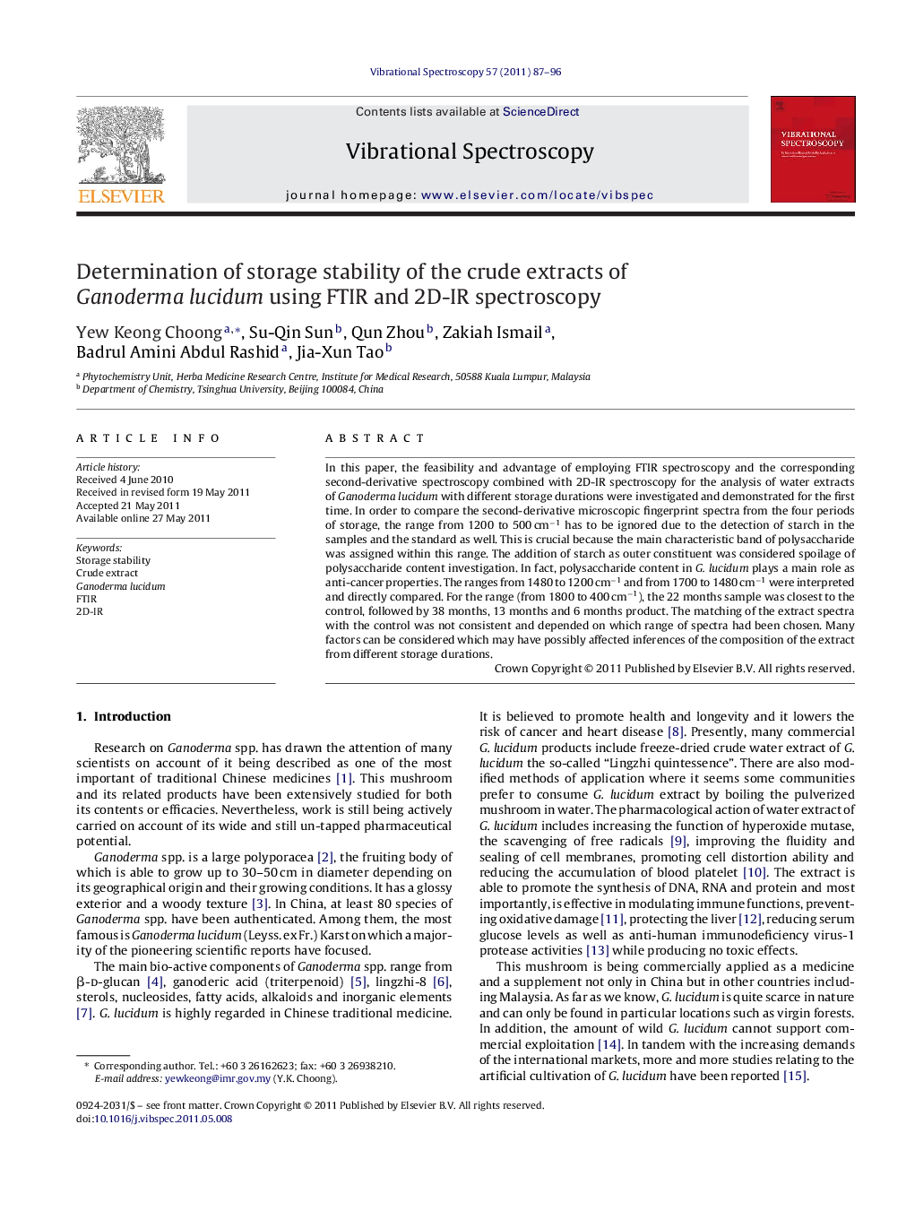 Determination of storage stability of the crude extracts of Ganoderma lucidum using FTIR and 2D-IR spectroscopy