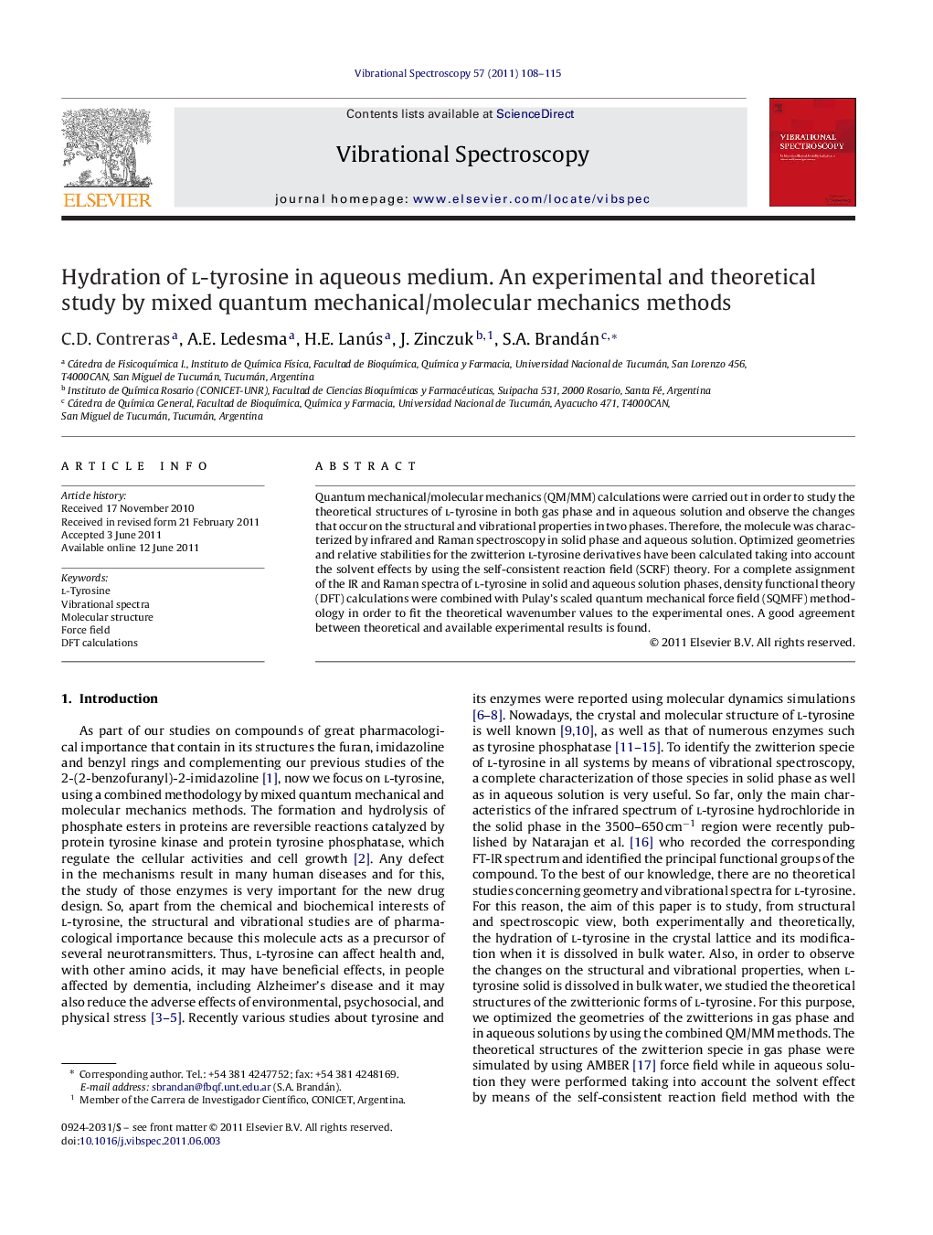 Hydration of l-tyrosine in aqueous medium. An experimental and theoretical study by mixed quantum mechanical/molecular mechanics methods