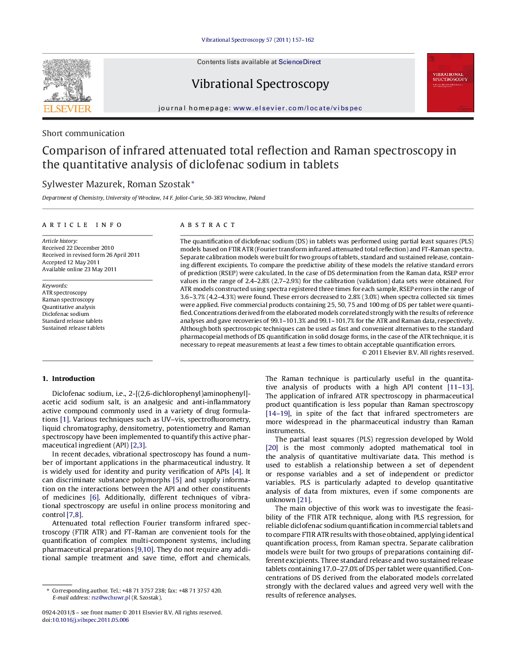 Comparison of infrared attenuated total reflection and Raman spectroscopy in the quantitative analysis of diclofenac sodium in tablets