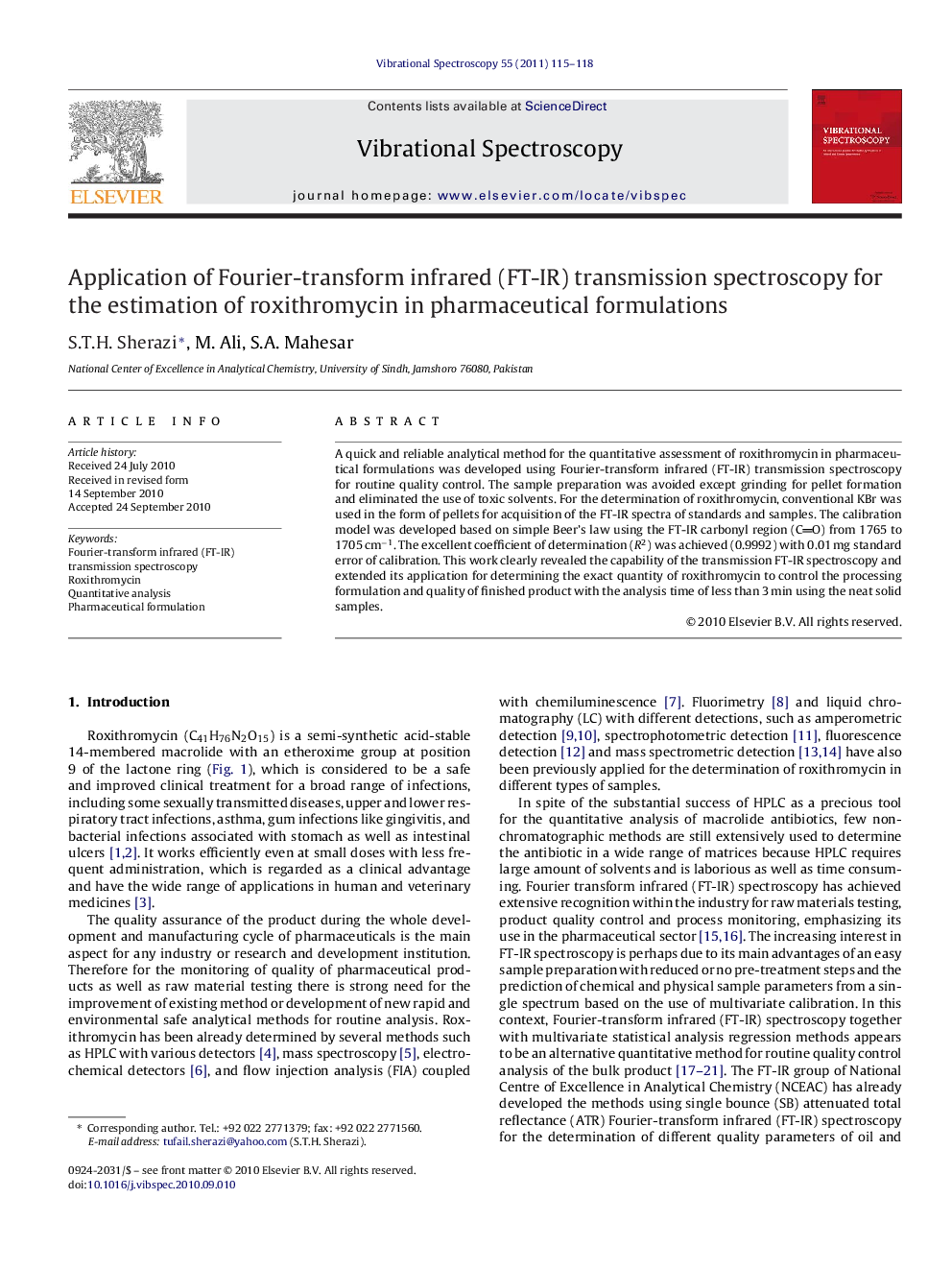 Application of Fourier-transform infrared (FT-IR) transmission spectroscopy for the estimation of roxithromycin in pharmaceutical formulations