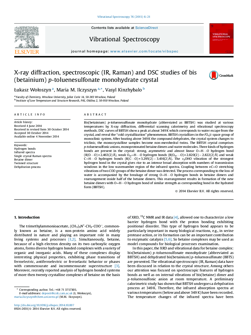 X-ray diffraction, spectroscopic (IR, Raman) and DSC studies of bis(betainium) p-toluenesulfonate monohydrate crystal