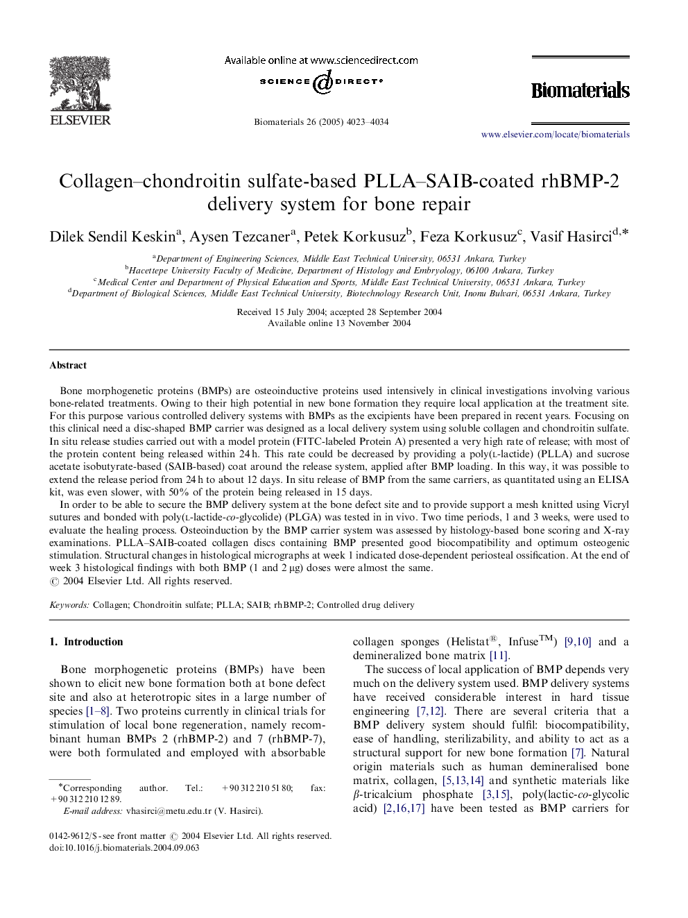 Collagen–chondroitin sulfate-based PLLA–SAIB-coated rhBMP-2 delivery system for bone repair