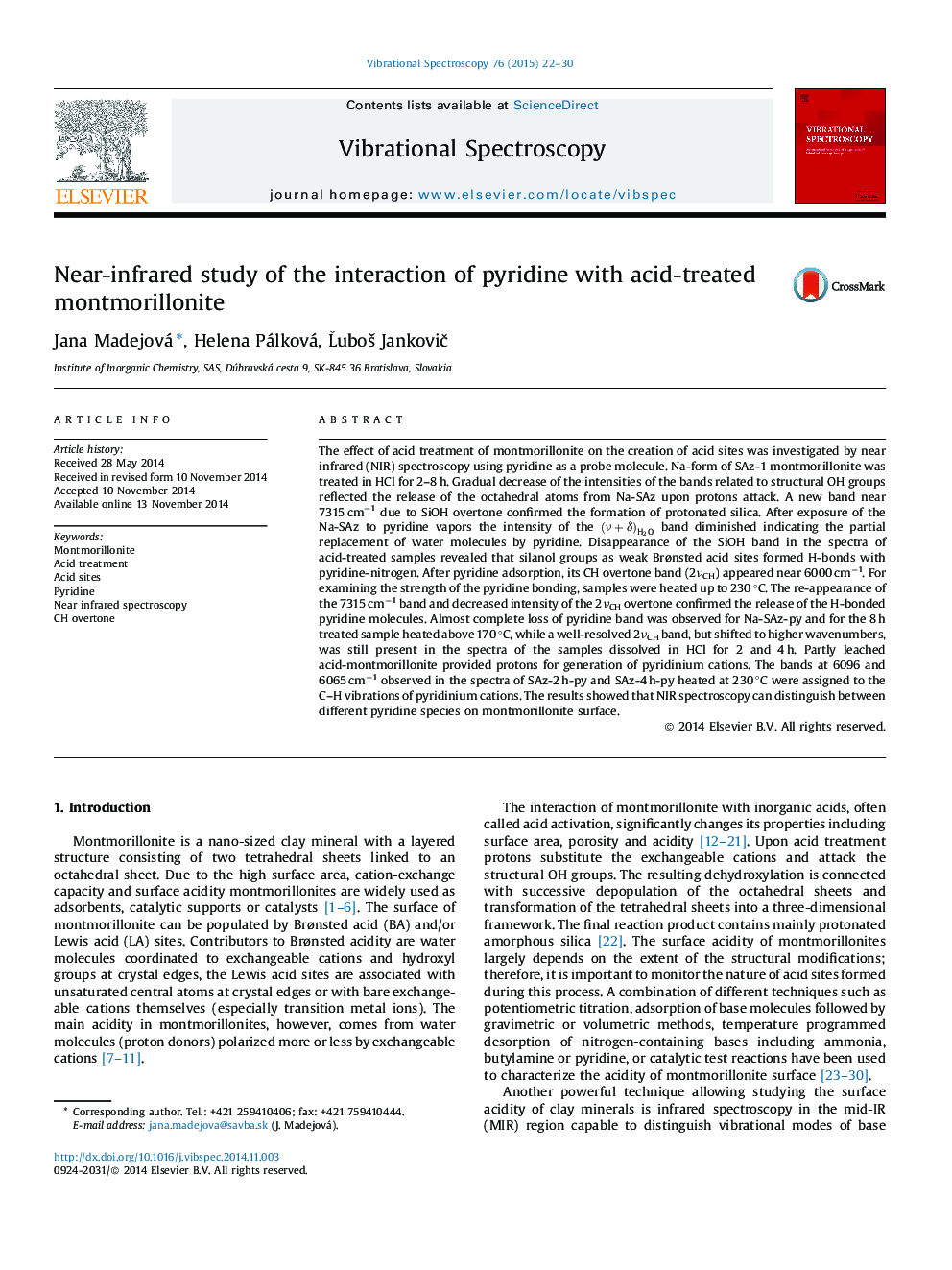 Near-infrared study of the interaction of pyridine with acid-treated montmorillonite