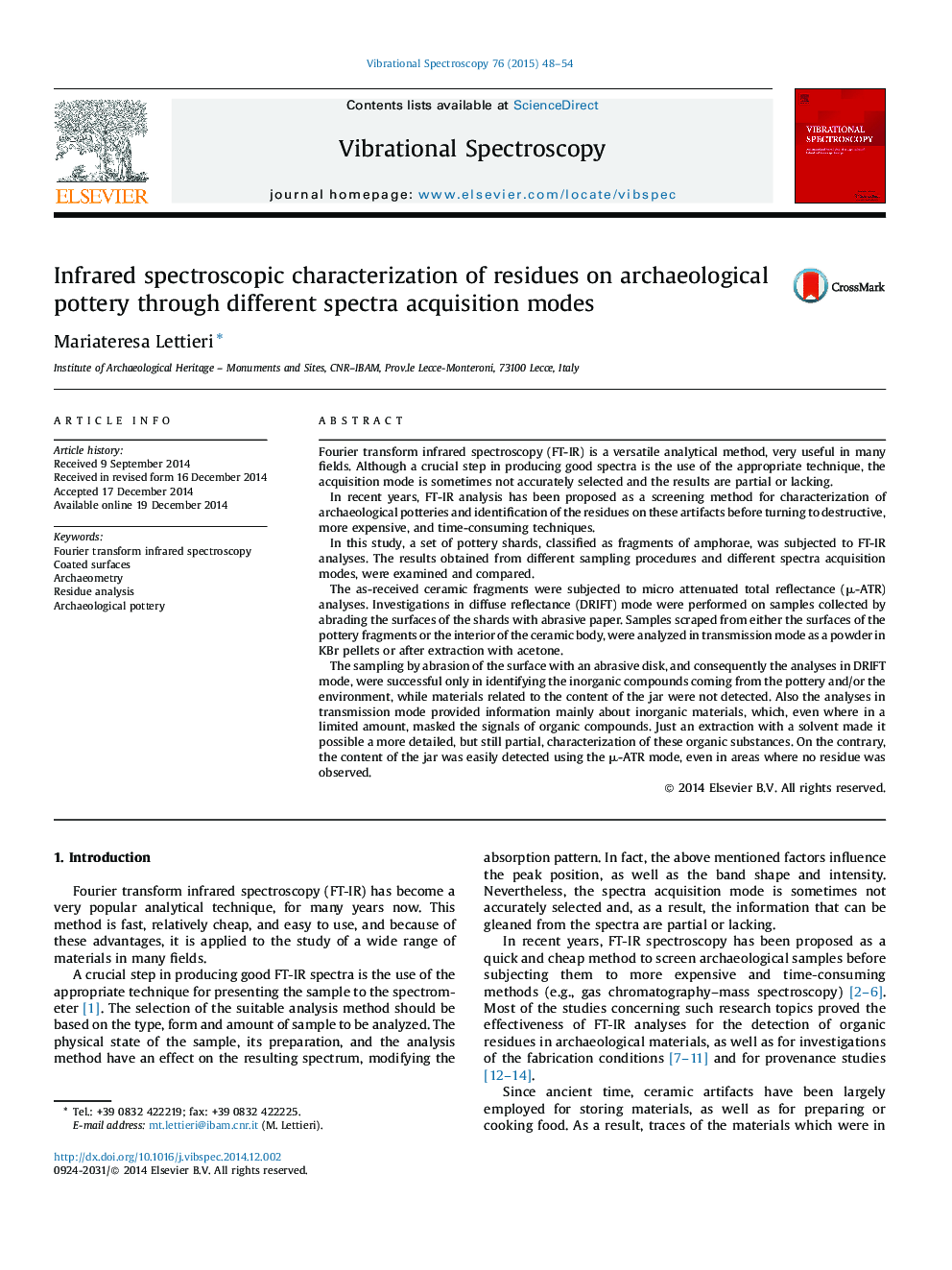 Infrared spectroscopic characterization of residues on archaeological pottery through different spectra acquisition modes