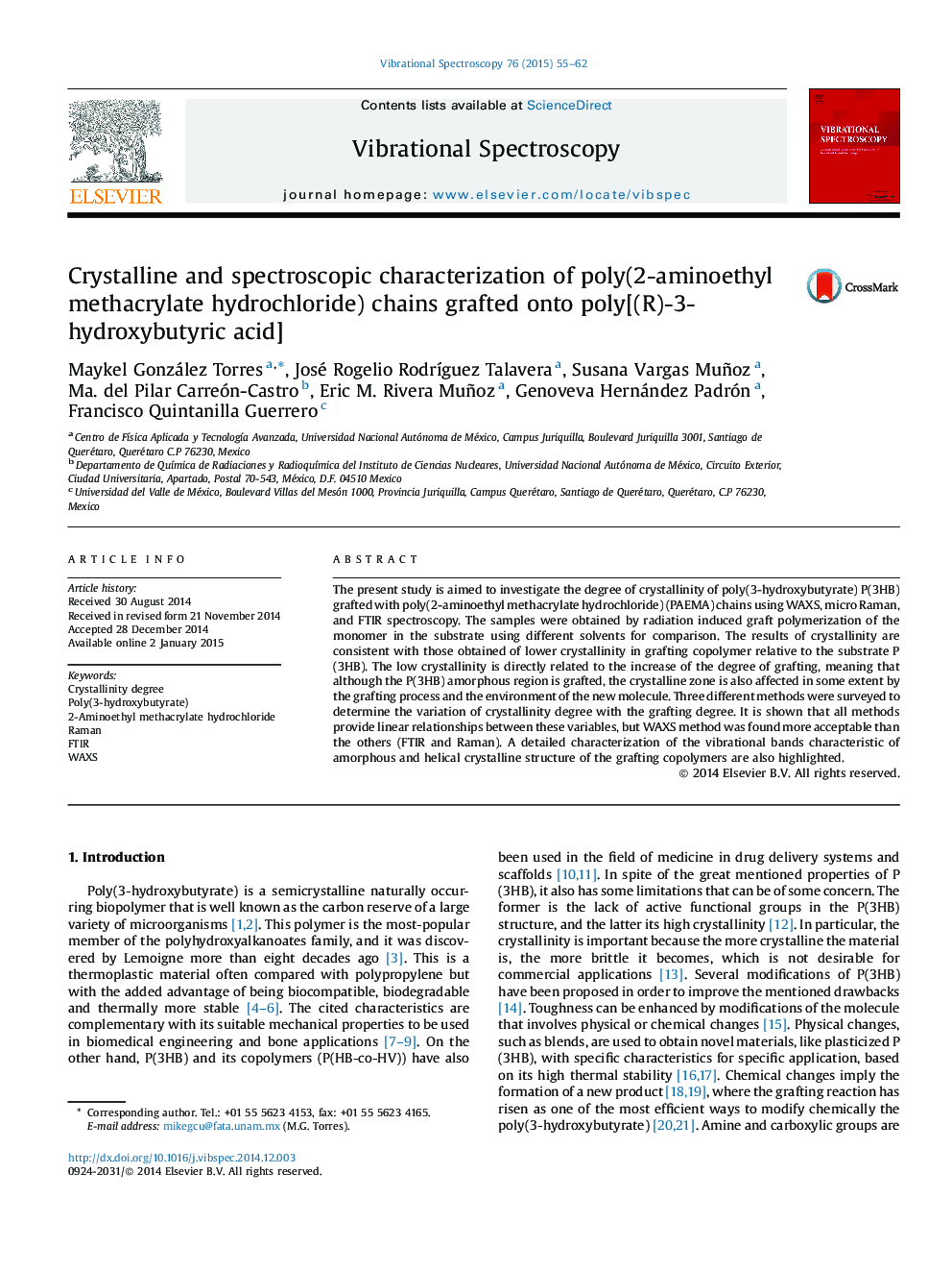 Crystalline and spectroscopic characterization of poly(2-aminoethyl methacrylate hydrochloride) chains grafted onto poly[(R)-3-hydroxybutyric acid]