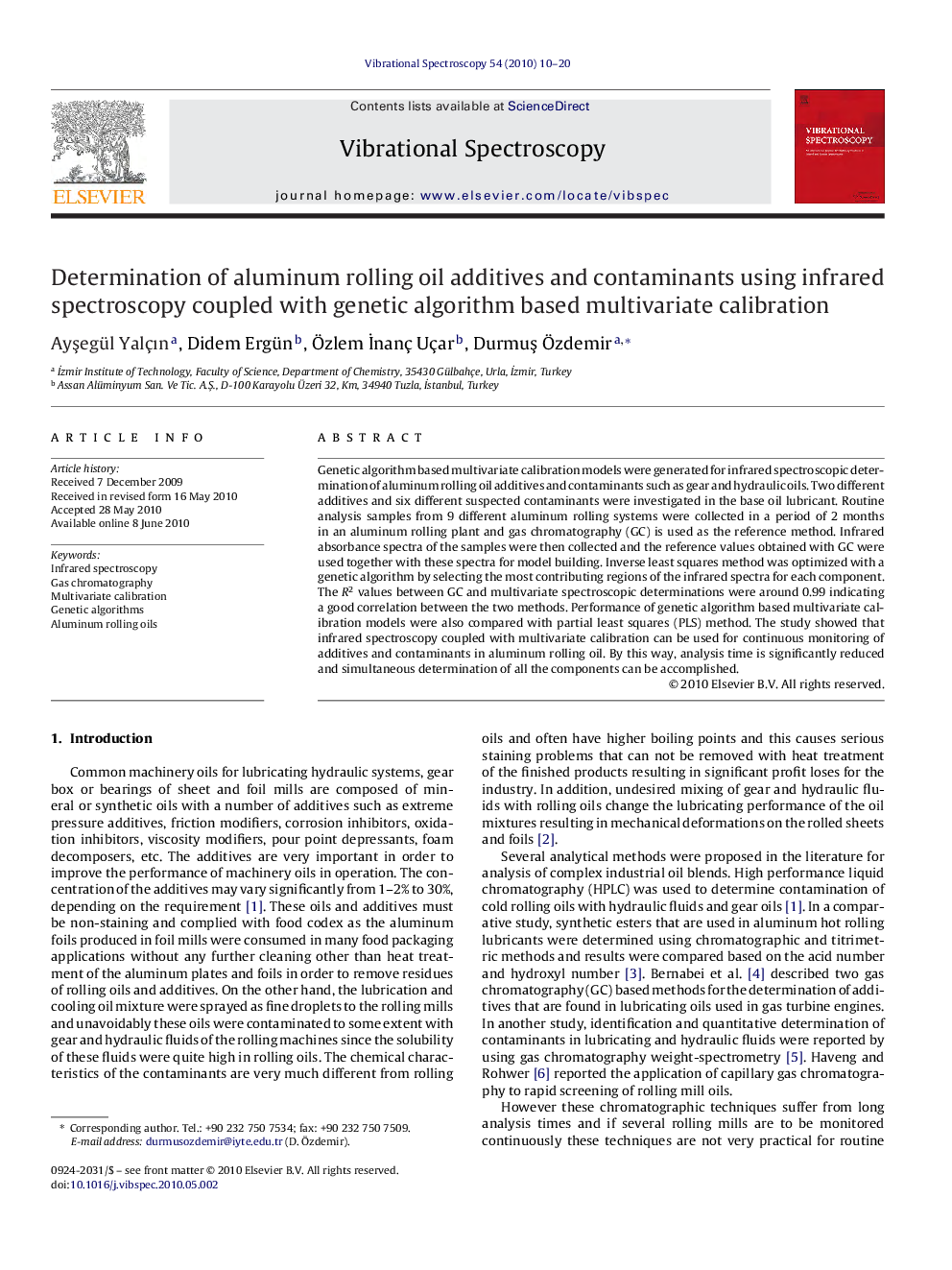 Determination of aluminum rolling oil additives and contaminants using infrared spectroscopy coupled with genetic algorithm based multivariate calibration