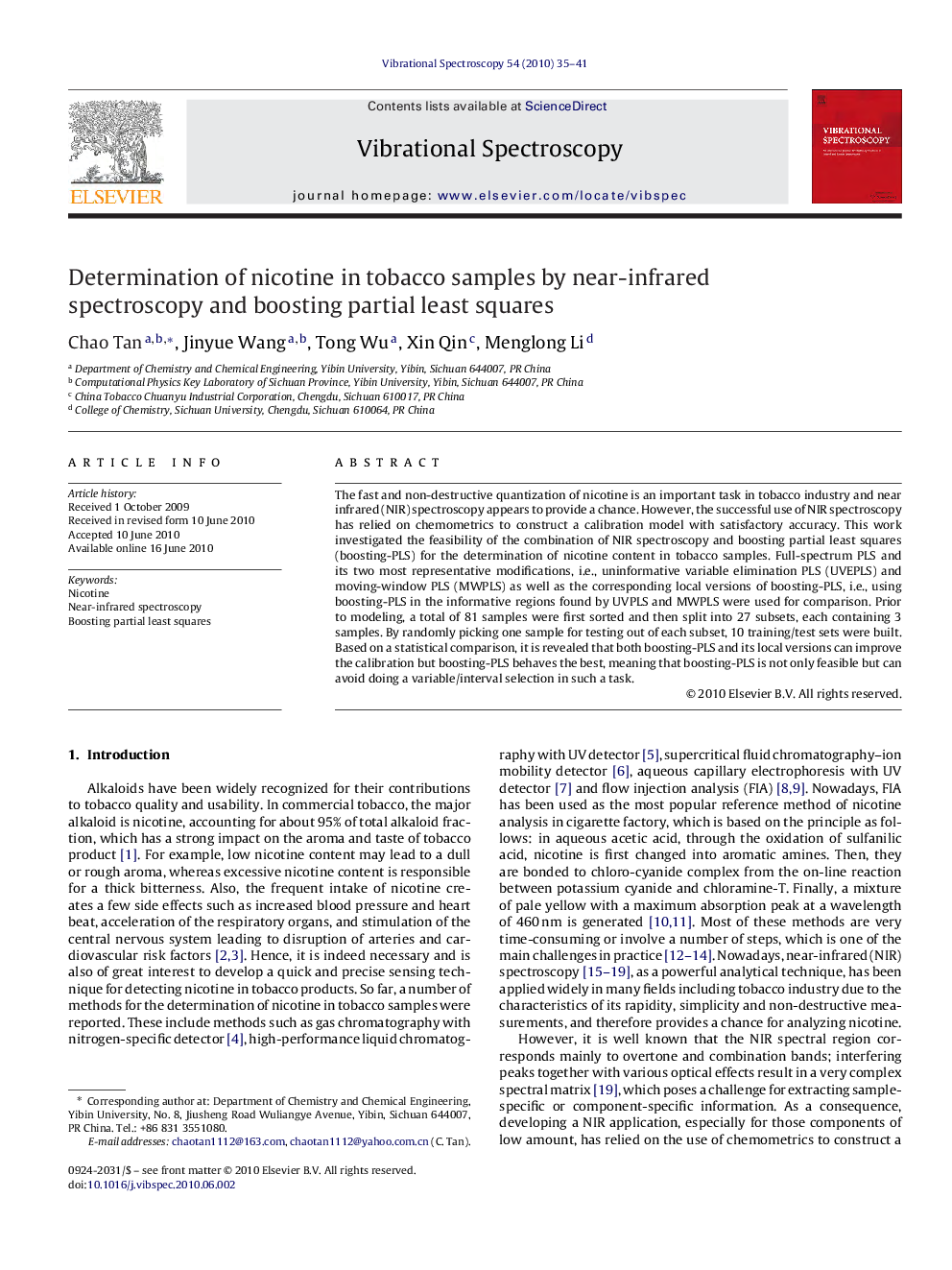 Determination of nicotine in tobacco samples by near-infrared spectroscopy and boosting partial least squares