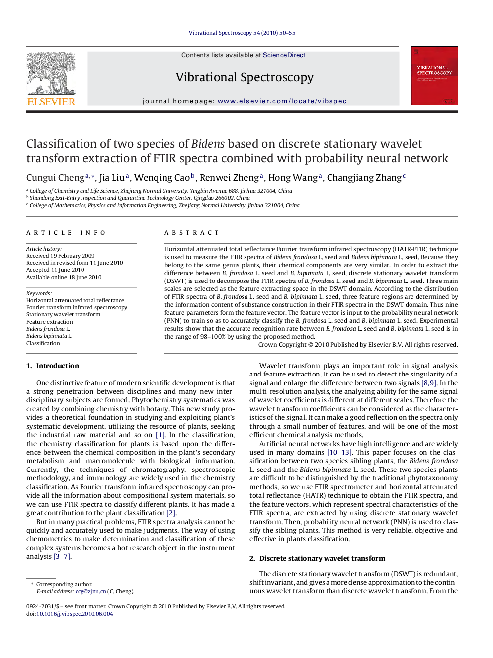 Classification of two species of Bidens based on discrete stationary wavelet transform extraction of FTIR spectra combined with probability neural network