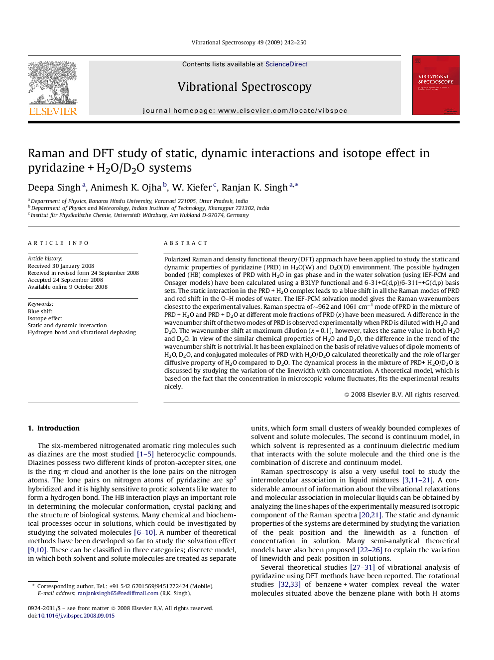 Raman and DFT study of static, dynamic interactions and isotope effect in pyridazine + H2O/D2O systems