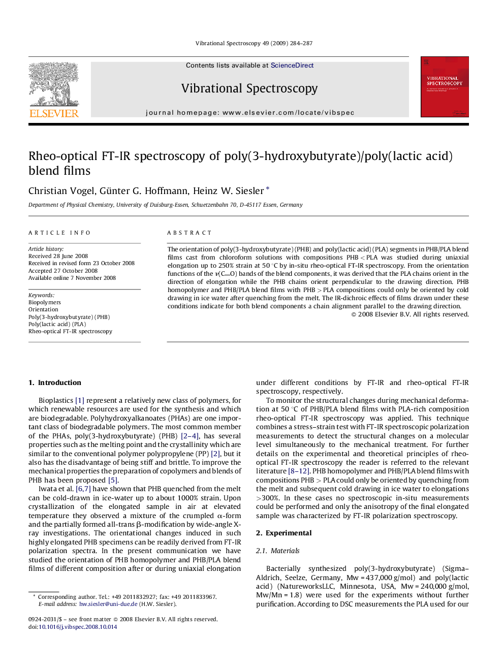 Rheo-optical FT-IR spectroscopy of poly(3-hydroxybutyrate)/poly(lactic acid) blend films