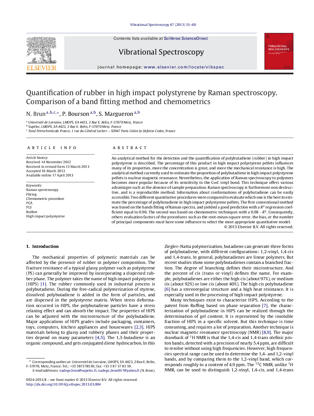 Quantification of rubber in high impact polystyrene by Raman spectroscopy. Comparison of a band fitting method and chemometrics