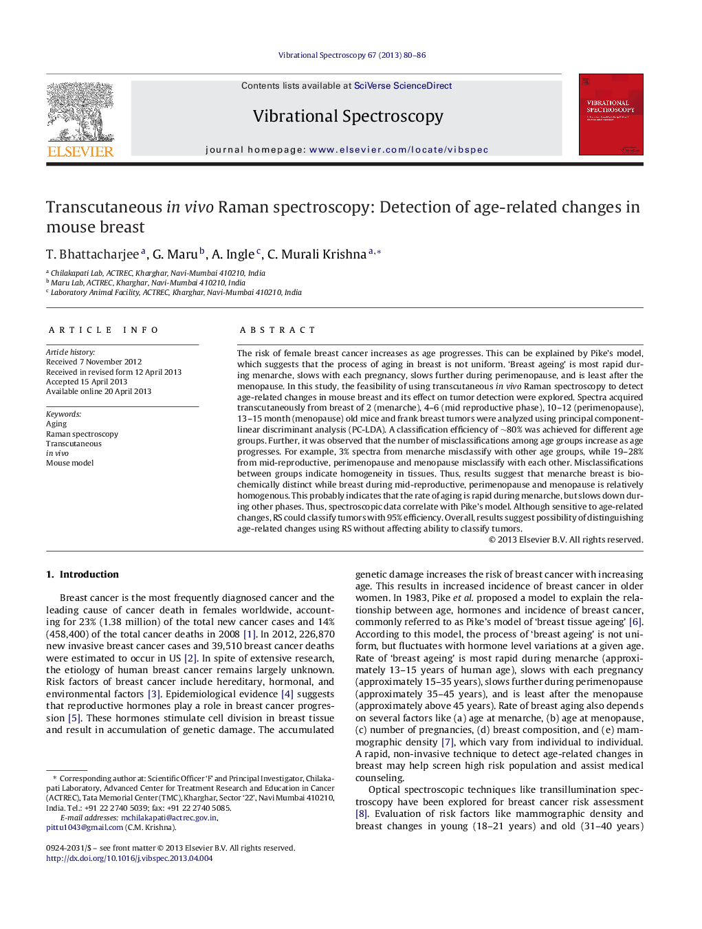 Transcutaneous in vivo Raman spectroscopy: Detection of age-related changes in mouse breast