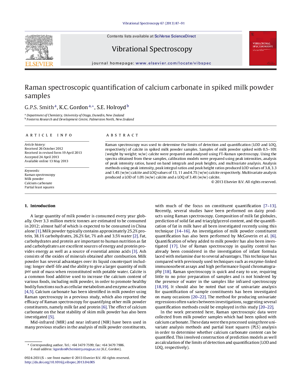 Raman spectroscopic quantification of calcium carbonate in spiked milk powder samples