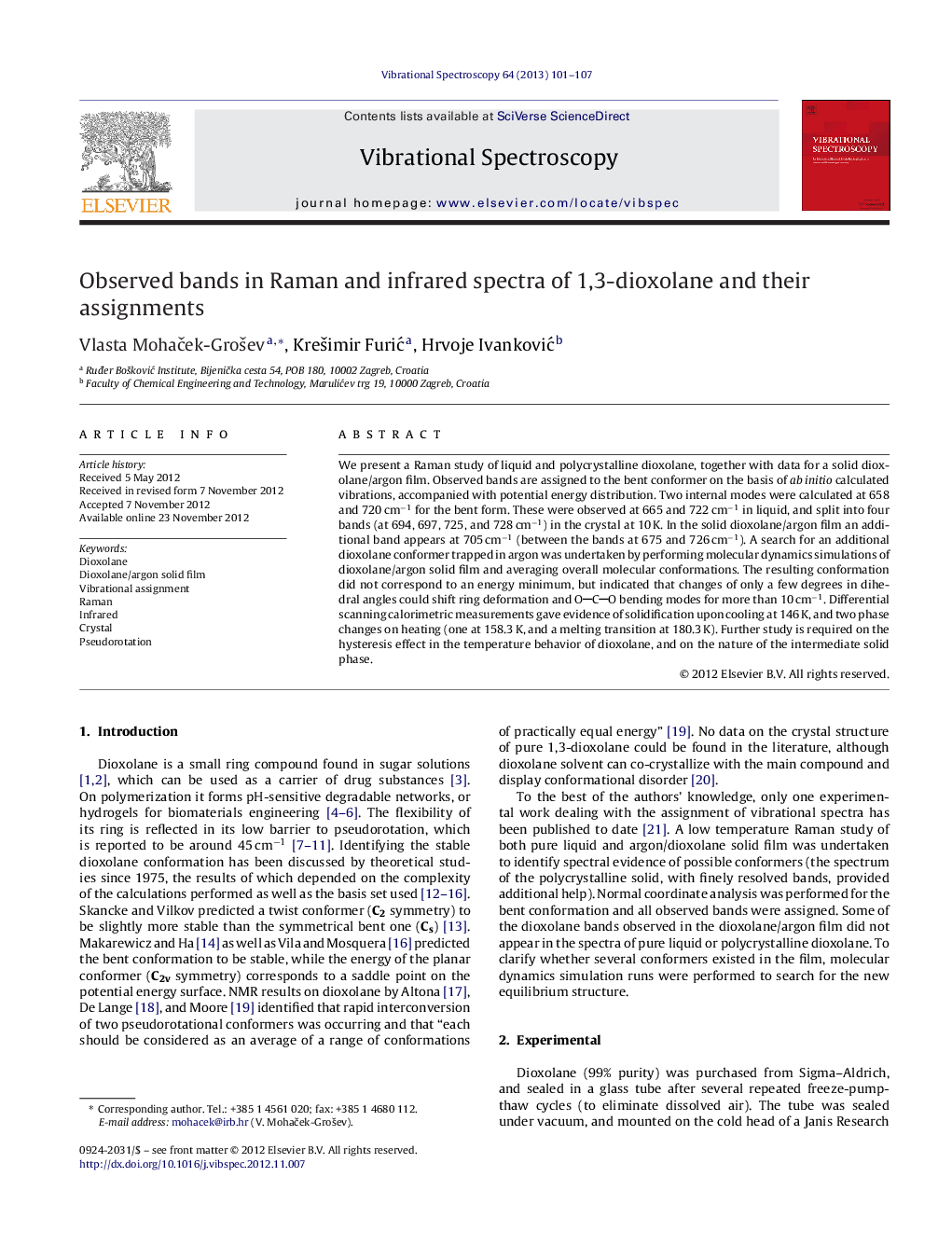 Observed bands in Raman and infrared spectra of 1,3-dioxolane and their assignments