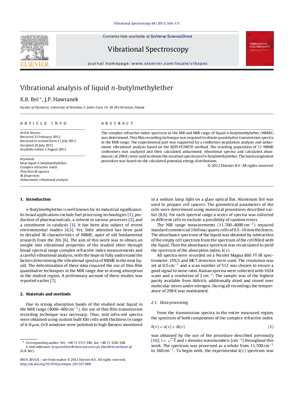 Vibrational analysis of liquid n-butylmethylether