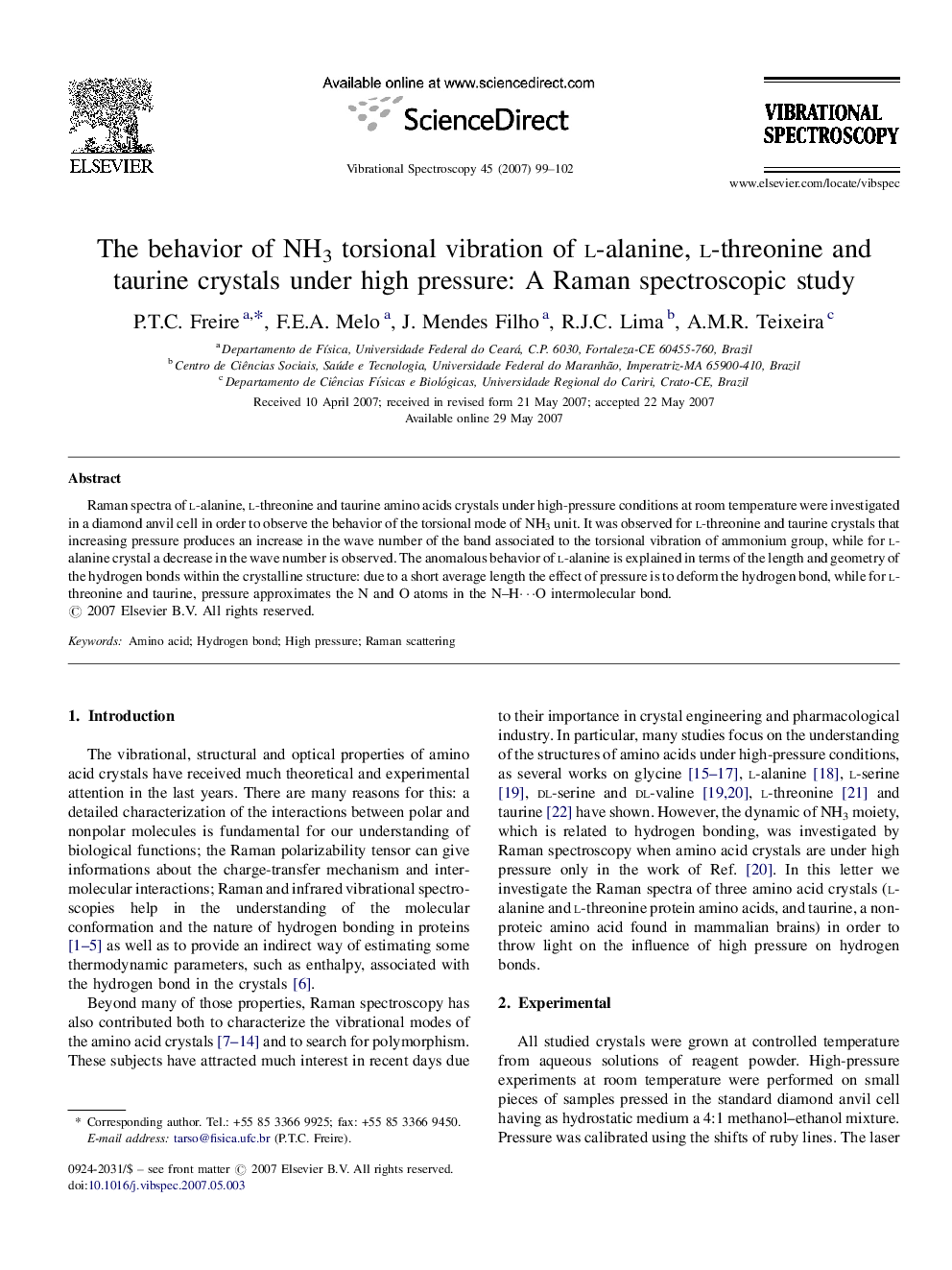 The behavior of NH3 torsional vibration of l-alanine, l-threonine and taurine crystals under high pressure: A Raman spectroscopic study