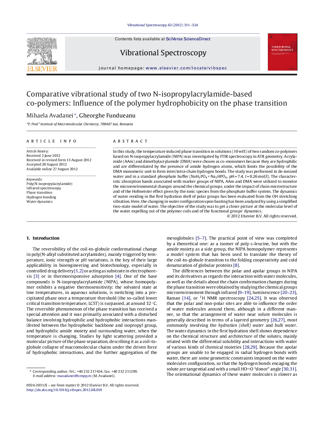 Comparative vibrational study of two N-isopropylacrylamide-based co-polymers: Influence of the polymer hydrophobicity on the phase transition