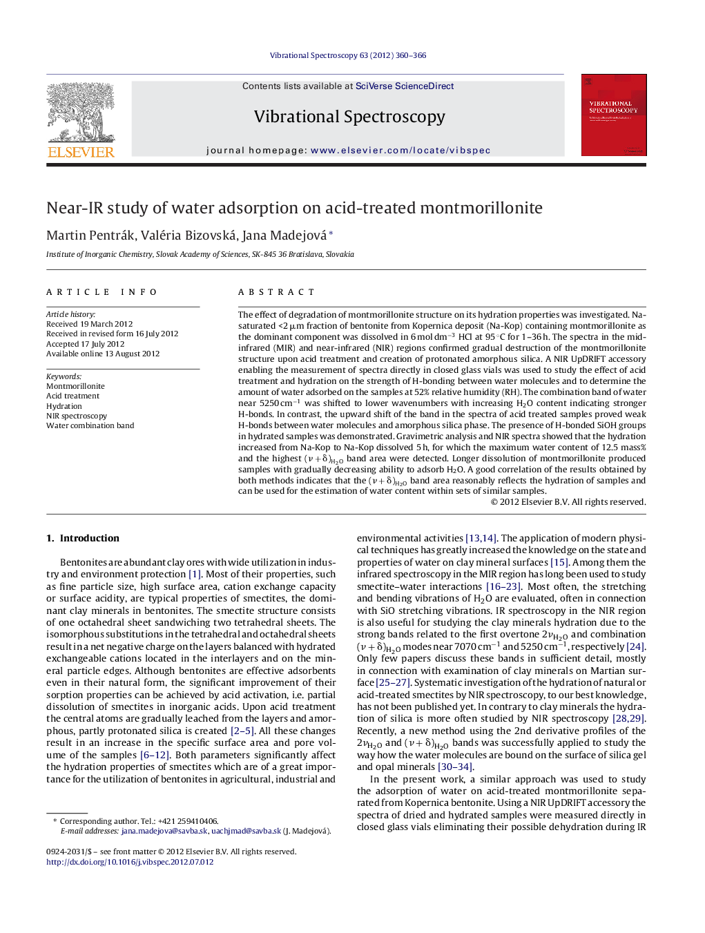 Near-IR study of water adsorption on acid-treated montmorillonite