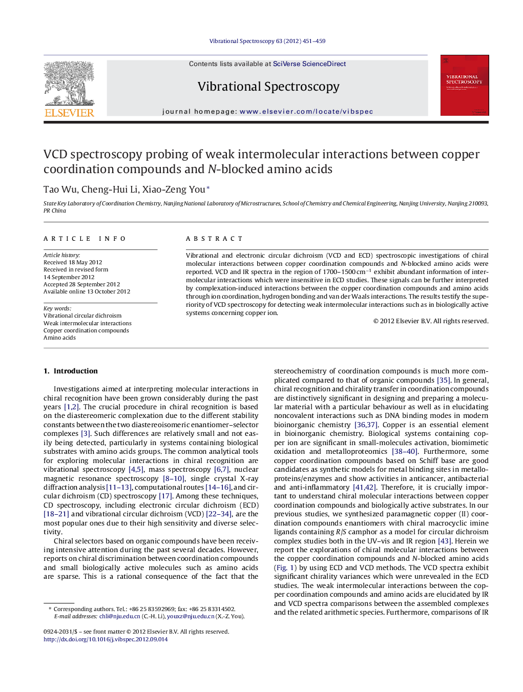 VCD spectroscopy probing of weak intermolecular interactions between copper coordination compounds and N-blocked amino acids