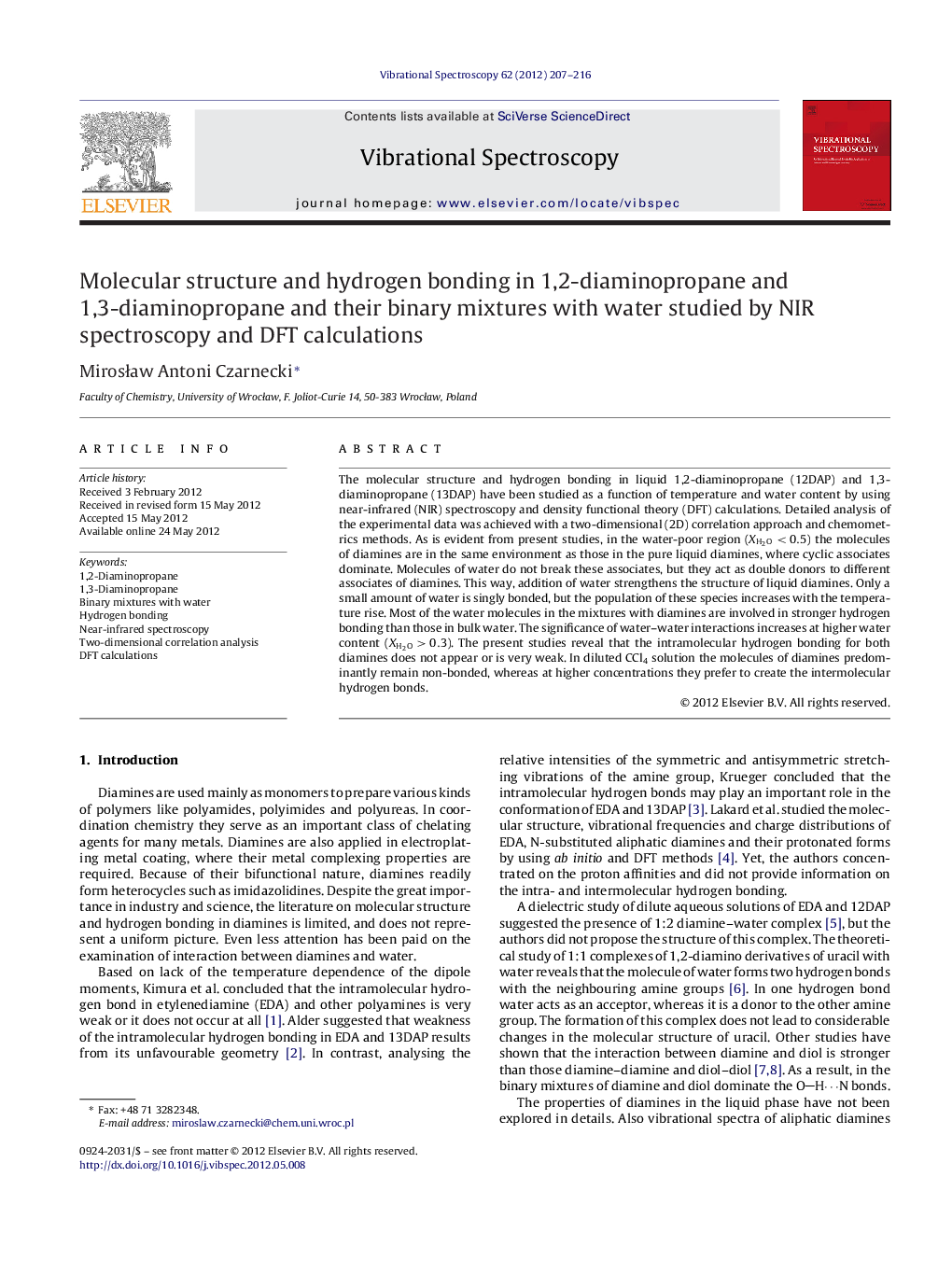 Molecular structure and hydrogen bonding in 1,2-diaminopropane and 1,3-diaminopropane and their binary mixtures with water studied by NIR spectroscopy and DFT calculations