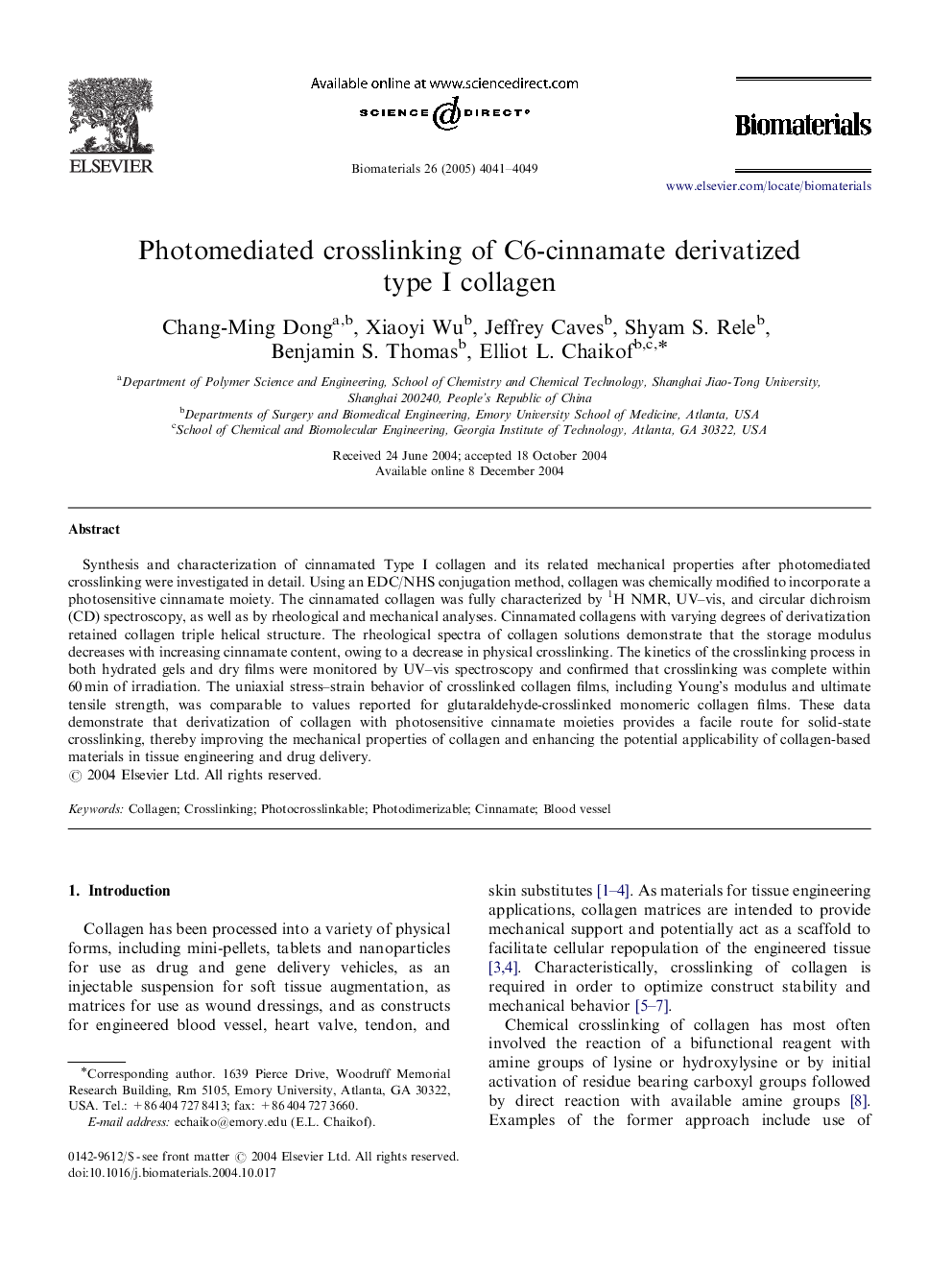 Photomediated crosslinking of C6-cinnamate derivatized type I collagen