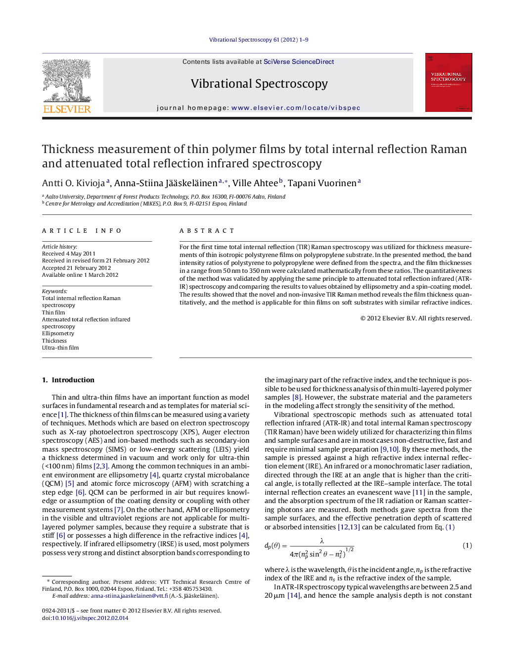 Thickness measurement of thin polymer films by total internal reflection Raman and attenuated total reflection infrared spectroscopy