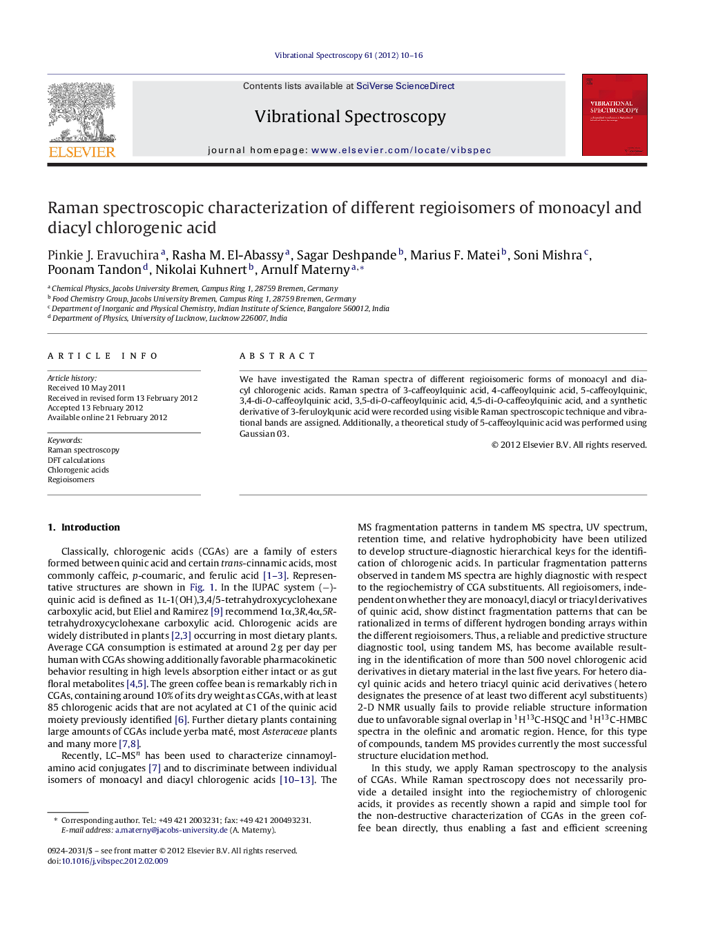 Raman spectroscopic characterization of different regioisomers of monoacyl and diacyl chlorogenic acid