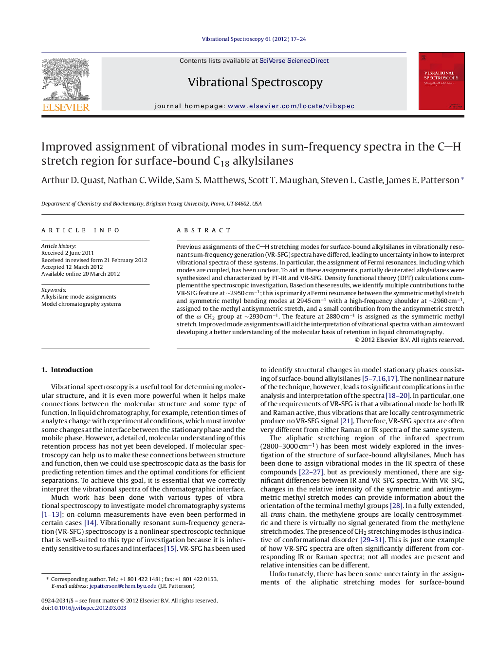 Improved assignment of vibrational modes in sum-frequency spectra in the CH stretch region for surface-bound C18 alkylsilanes