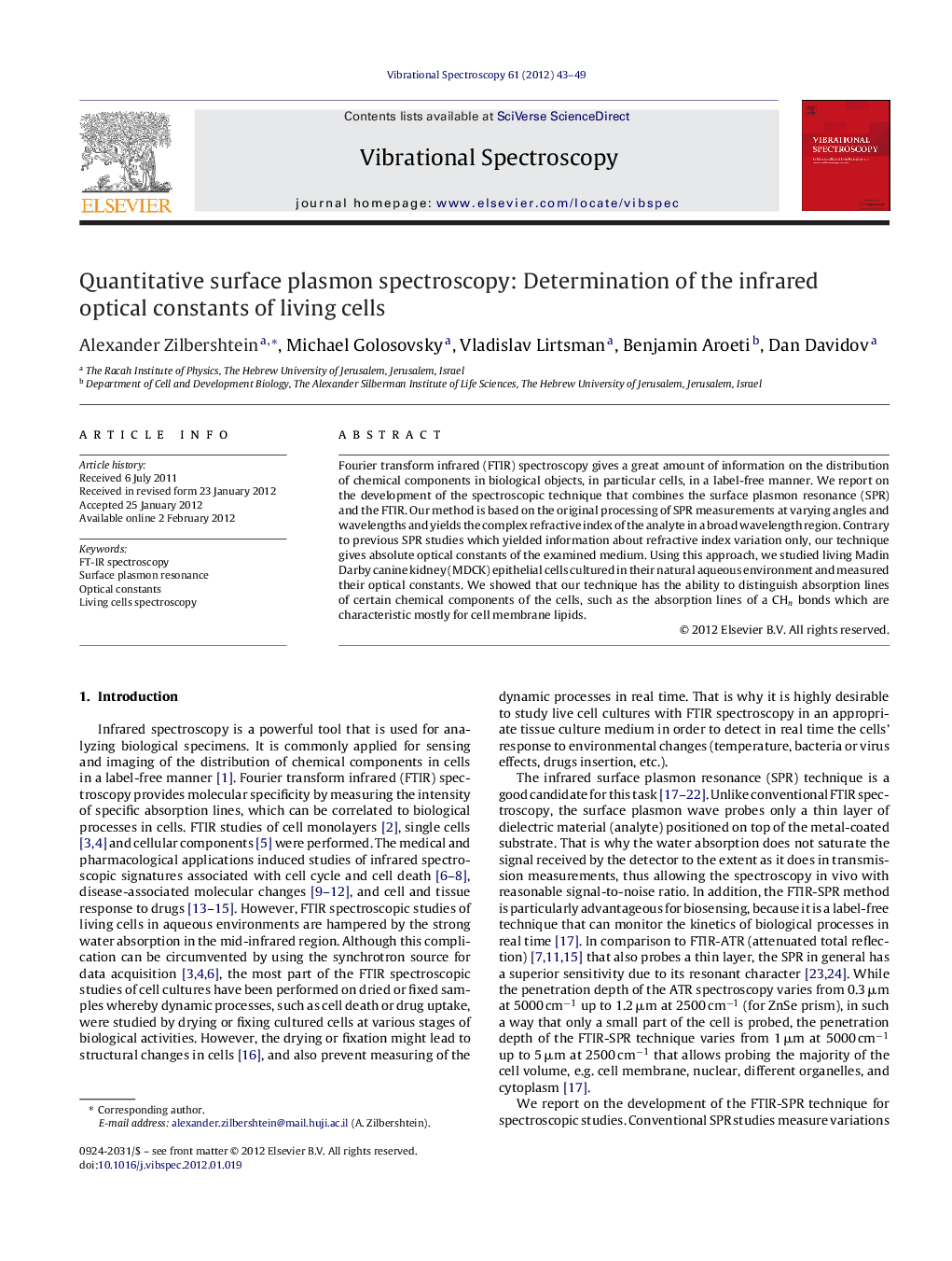 Quantitative surface plasmon spectroscopy: Determination of the infrared optical constants of living cells