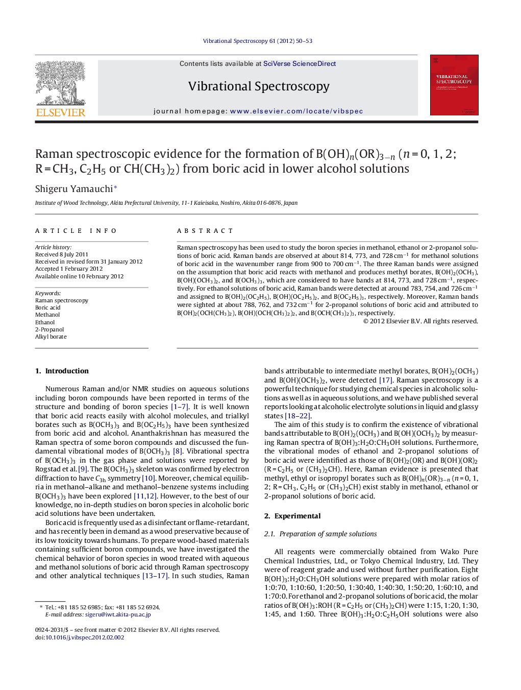 Raman spectroscopic evidence for the formation of B(OH)n(OR)3−n (n = 0, 1, 2; R = CH3, C2H5 or CH(CH3)2) from boric acid in lower alcohol solutions