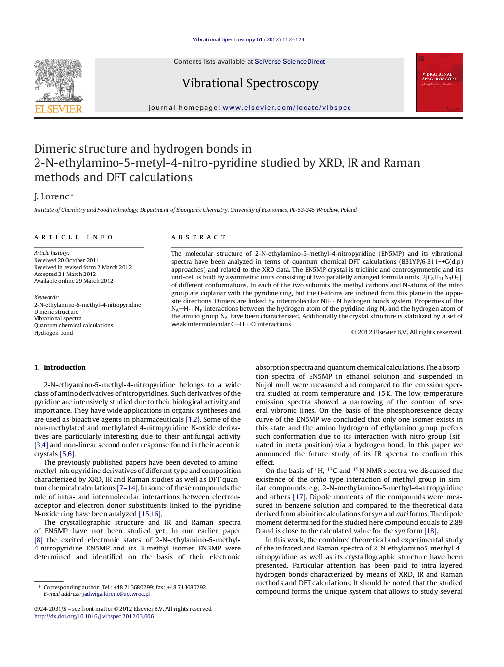 Dimeric structure and hydrogen bonds in 2-N-ethylamino-5-metyl-4-nitro-pyridine studied by XRD, IR and Raman methods and DFT calculations