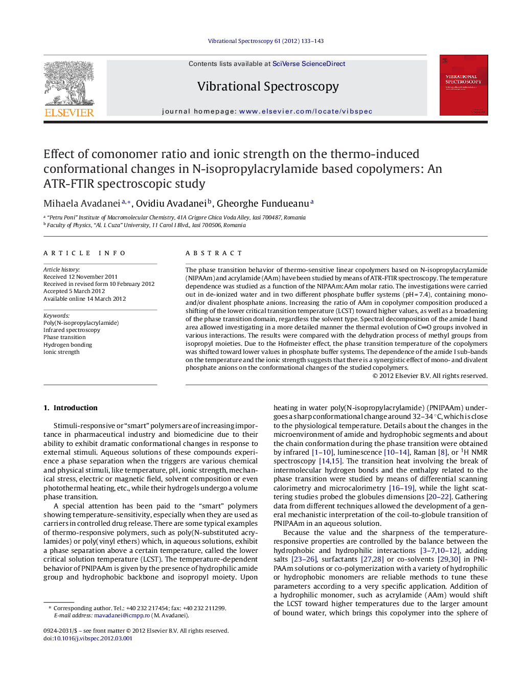 Effect of comonomer ratio and ionic strength on the thermo-induced conformational changes in N-isopropylacrylamide based copolymers: An ATR-FTIR spectroscopic study