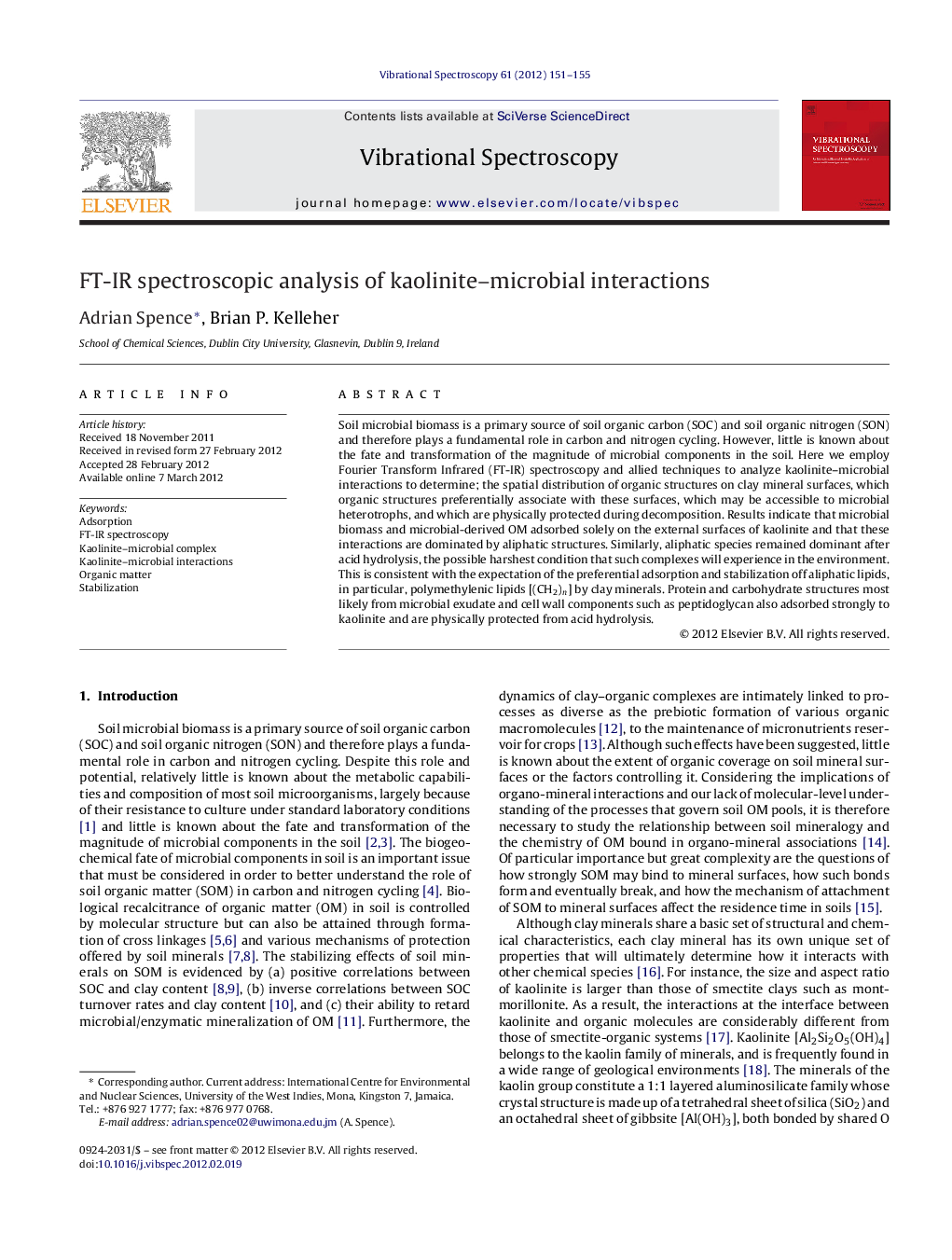 FT-IR spectroscopic analysis of kaolinite–microbial interactions