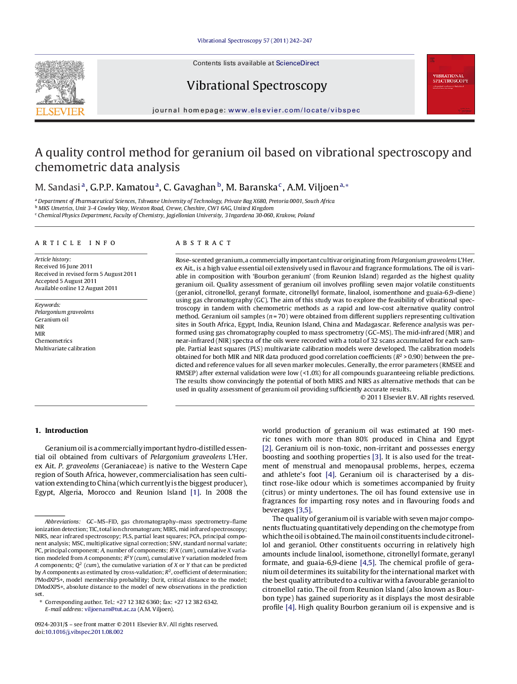 A quality control method for geranium oil based on vibrational spectroscopy and chemometric data analysis