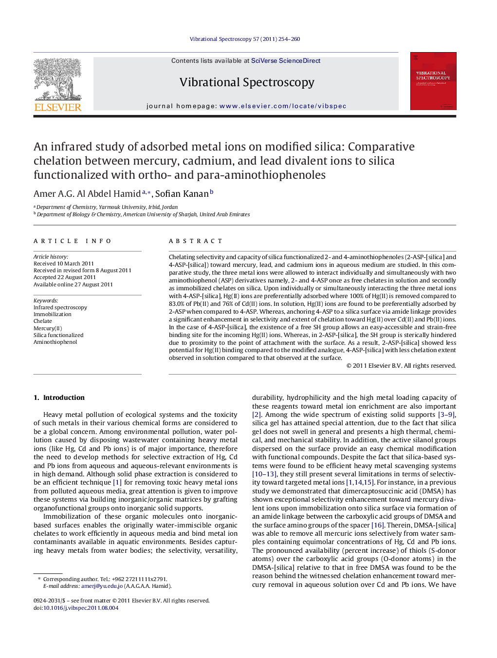 An infrared study of adsorbed metal ions on modified silica: Comparative chelation between mercury, cadmium, and lead divalent ions to silica functionalized with ortho- and para-aminothiophenoles