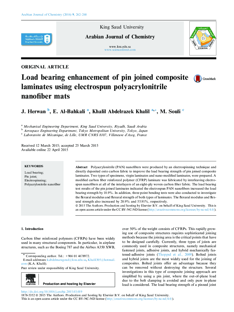 Load bearing enhancement of pin joined composite laminates using electrospun polyacrylonitrile nanofiber mats 