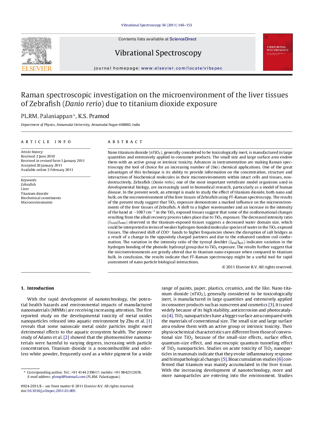 Raman spectroscopic investigation on the microenvironment of the liver tissues of Zebrafish (Danio rerio) due to titanium dioxide exposure