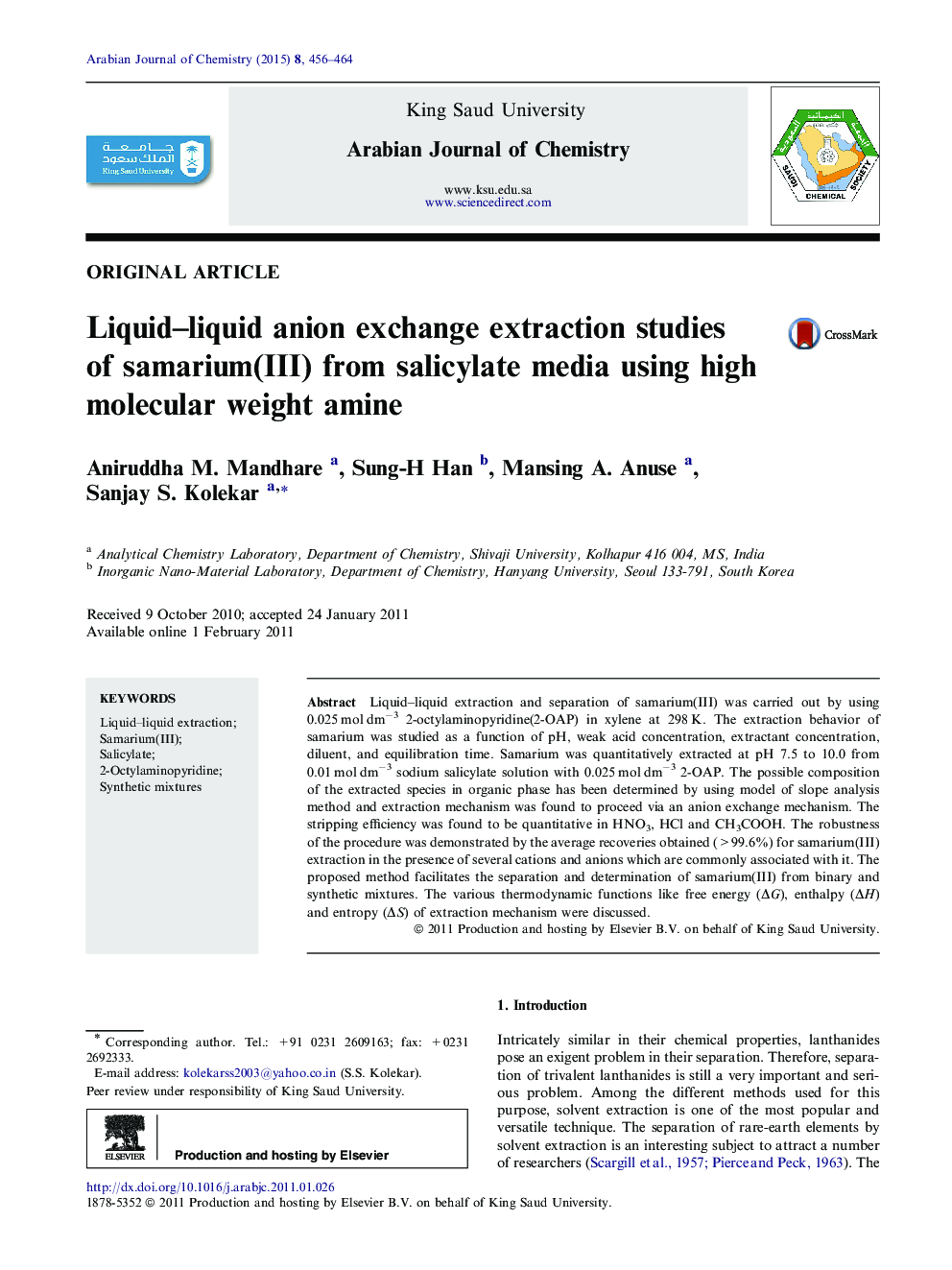 Liquid–liquid anion exchange extraction studies of samarium(III) from salicylate media using high molecular weight amine 