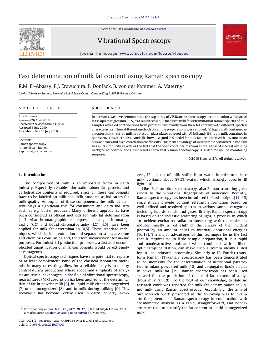 Fast determination of milk fat content using Raman spectroscopy