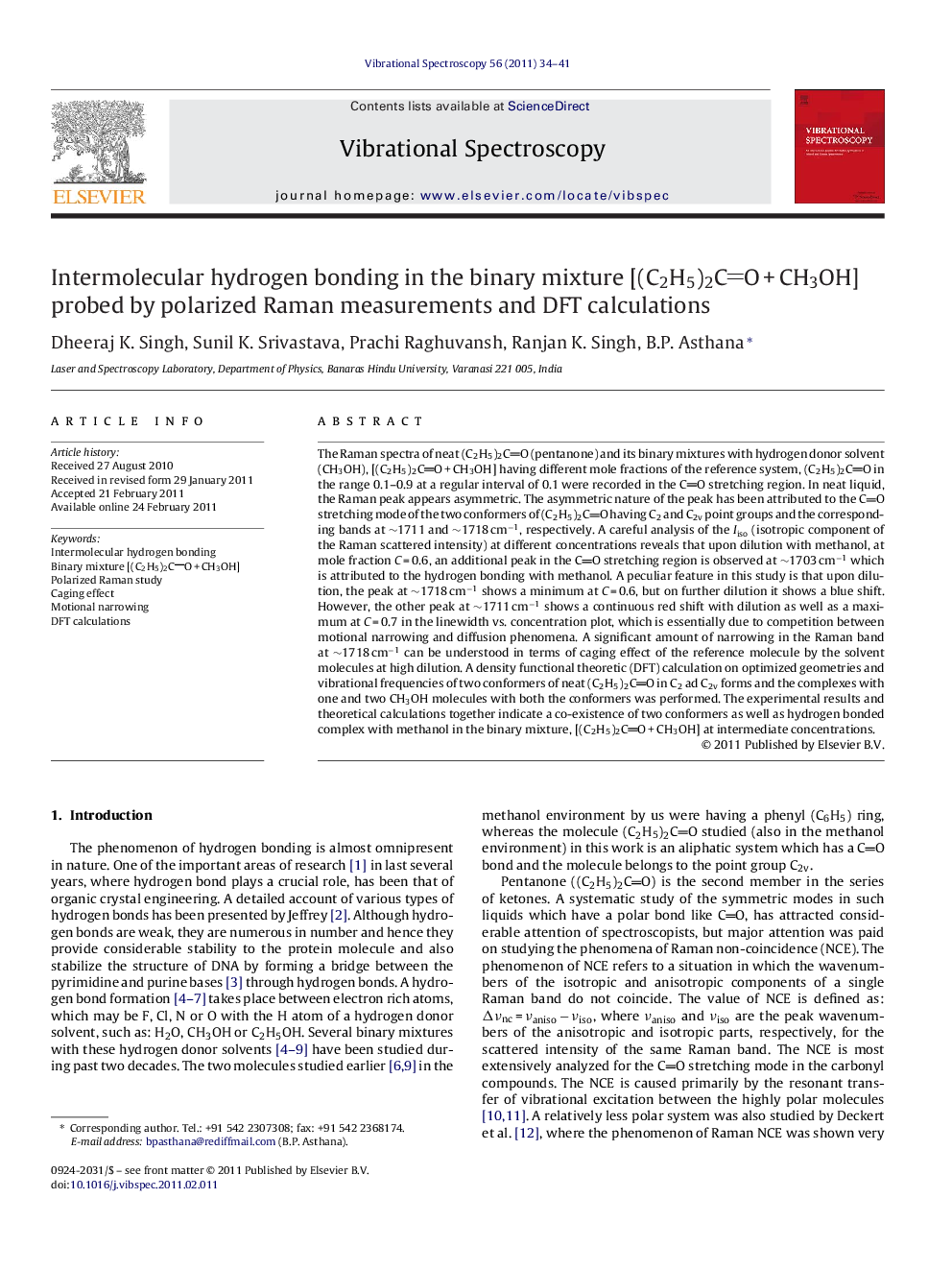 Intermolecular hydrogen bonding in the binary mixture [(C2H5)2COÂ +Â CH3OH] probed by polarized Raman measurements and DFT calculations