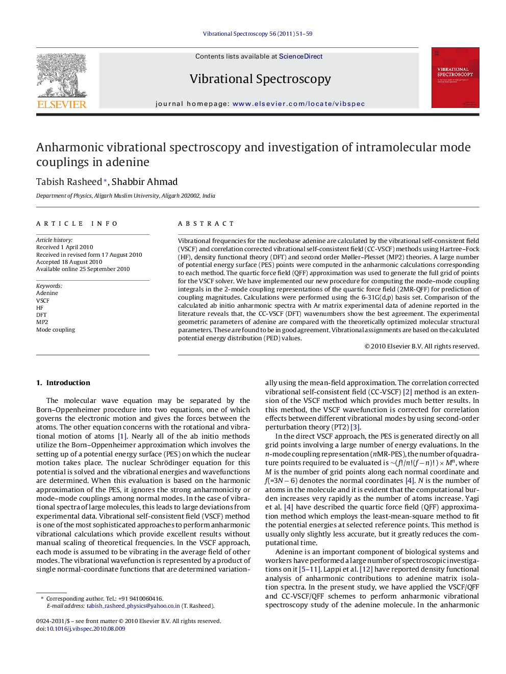 Anharmonic vibrational spectroscopy and investigation of intramolecular mode couplings in adenine