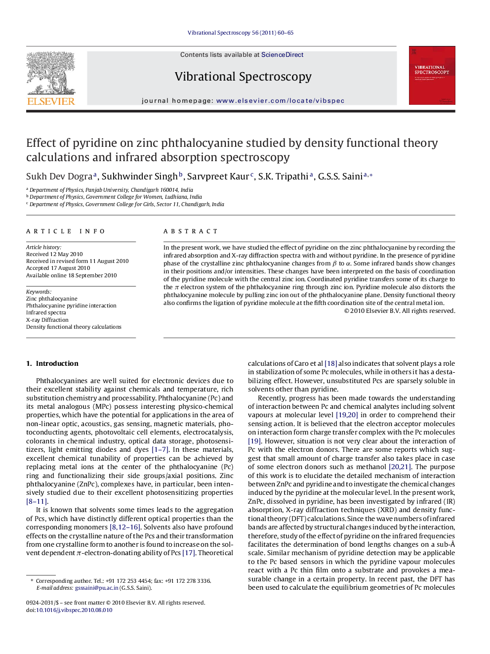 Effect of pyridine on zinc phthalocyanine studied by density functional theory calculations and infrared absorption spectroscopy