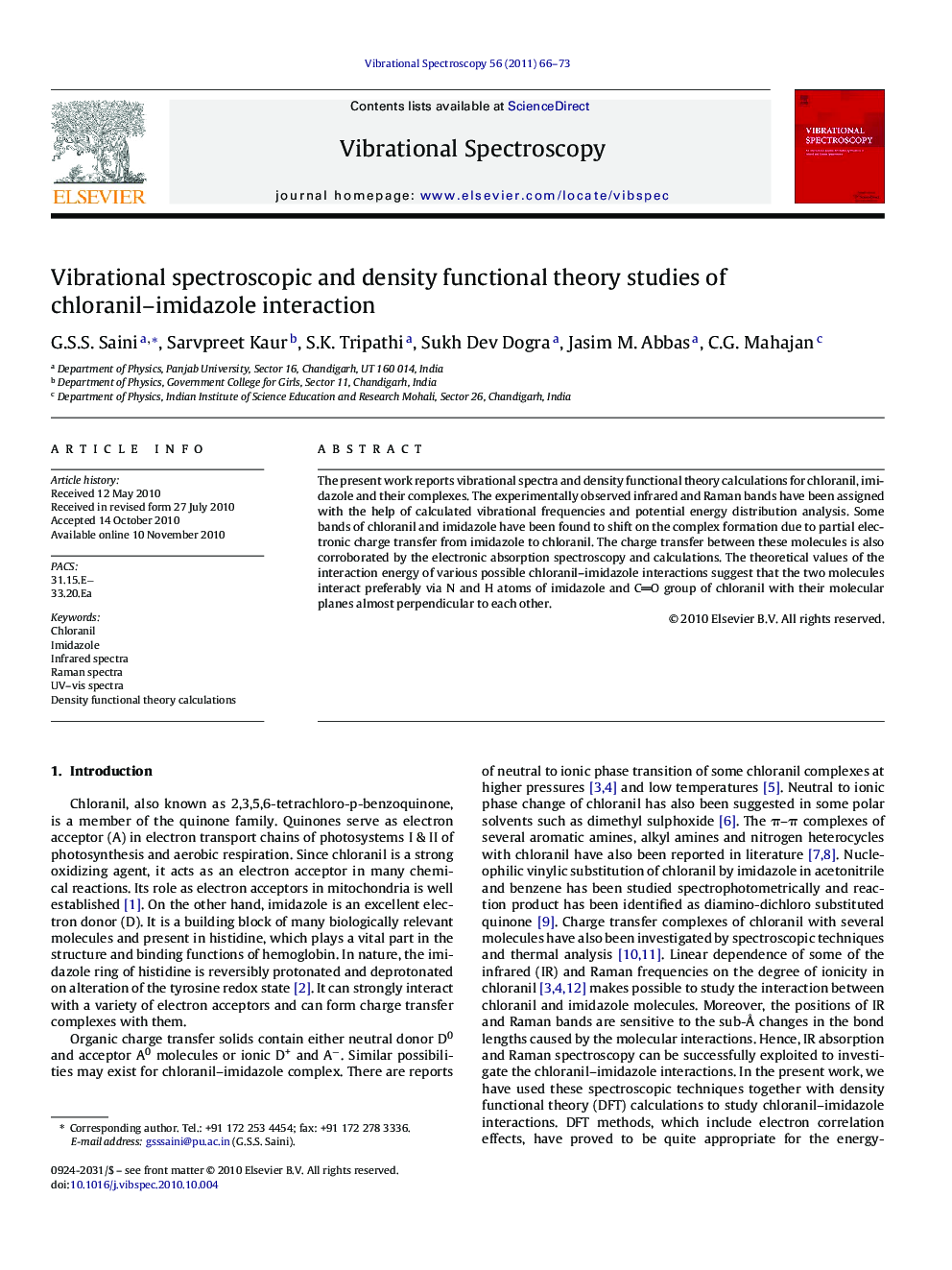 Vibrational spectroscopic and density functional theory studies of chloranil–imidazole interaction