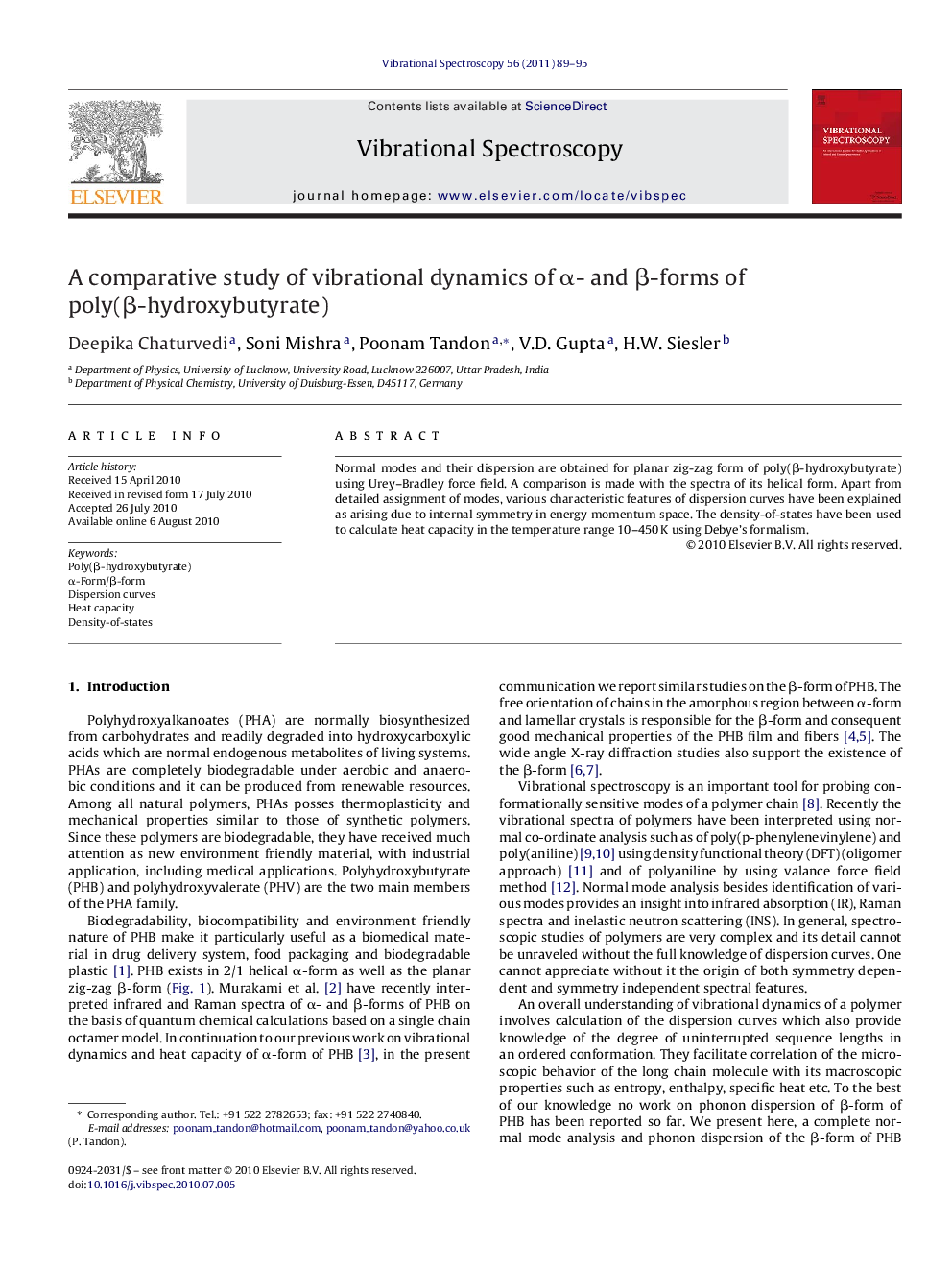 A comparative study of vibrational dynamics of α- and β-forms of poly(β-hydroxybutyrate)